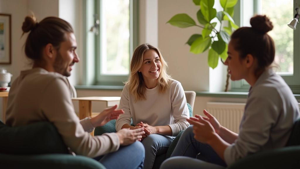Gruppo di persone che conversano in un ambiente accogliente, comunicazione positiva e abilità sociali, atmosfera amichevole
