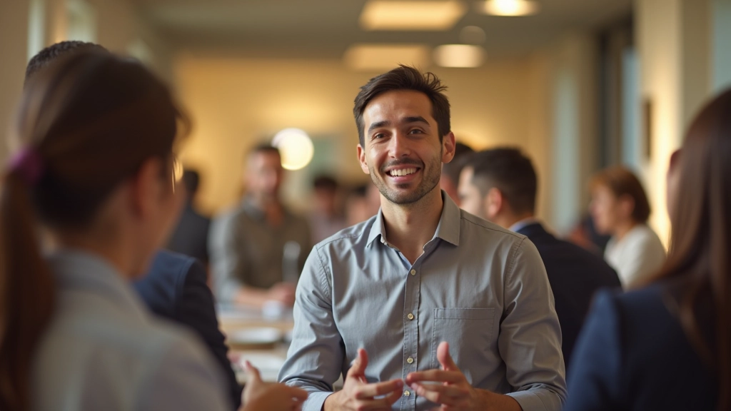 Persona che partecipa attivamente a una conversazione di gruppo, sorridente e consapevole, ambiente sociale piacevole, luce naturale