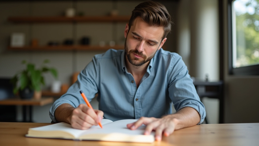Persona che scrive su un quaderno le proprie paure e dubbi, ambiente luminoso e tranquillo, tavolo in legno, processo di auto-riflessione consapevole