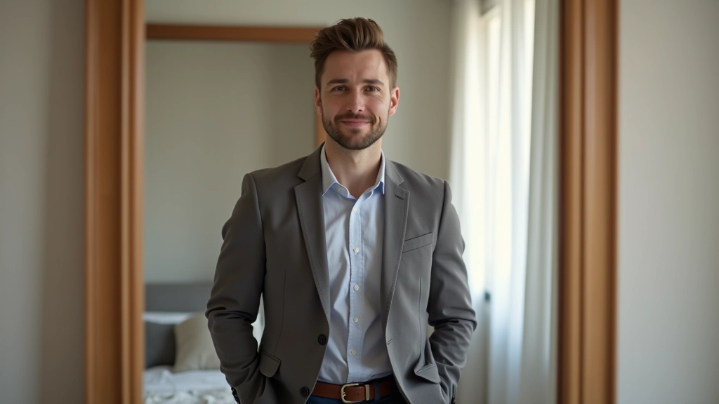 Persona in piedi davanti a uno specchio che sorride con sicurezza, stanza luminosa, auto-riflessione positiva