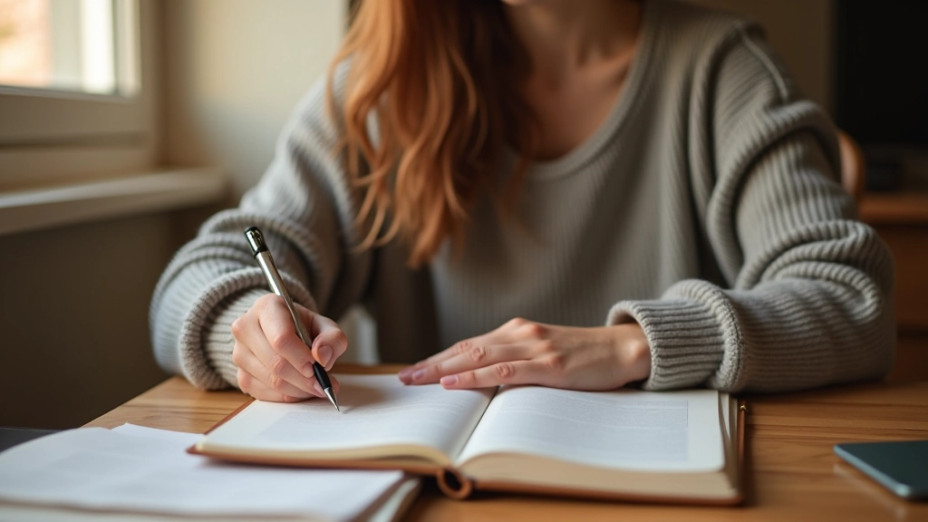 Persona che scrive in un diario aperto con una penna, tavolo in legno, tazza di tè accanto, luce naturale calda, focus nitido