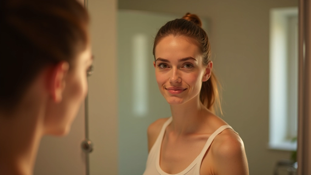Persona che si guarda allo specchio del bagno, specchio di fronte con riflesso, illuminazione naturale, atmosfera positiva e serena