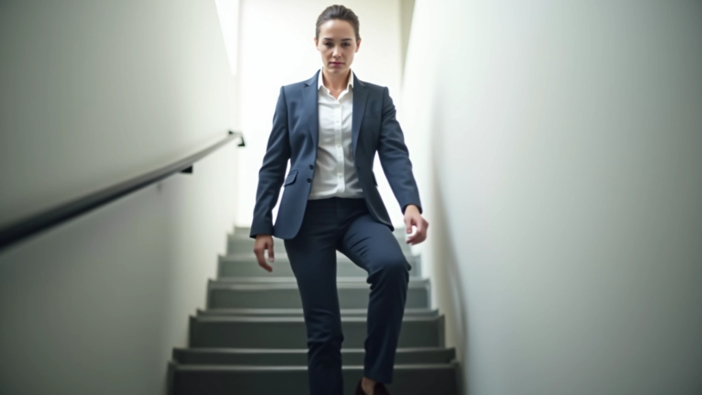 Persona che sale i gradini di una scala, vista dal basso verso l'alto, determinazione e progressione, luce naturale che viene dall'alto, simbolo di crescita personale