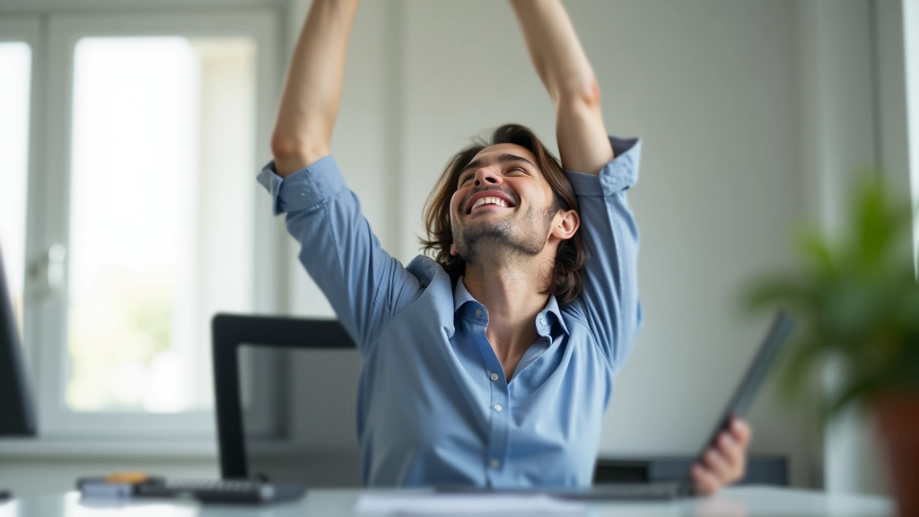 Persona che fa una pausa dal lavoro, alzando lo sguardo dal computer, gesto di allungamento positivo, ufficio luminoso e moderno