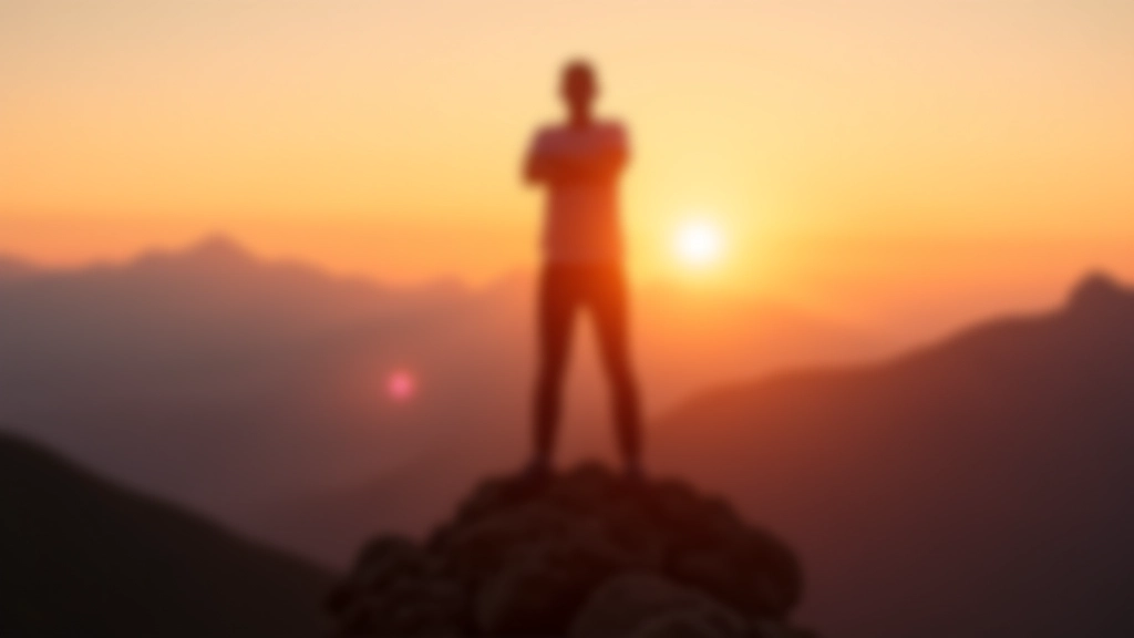 Persona che raggiunge una vetta di montagna al tramonto, superamento personale e realizzazione di obiettivi