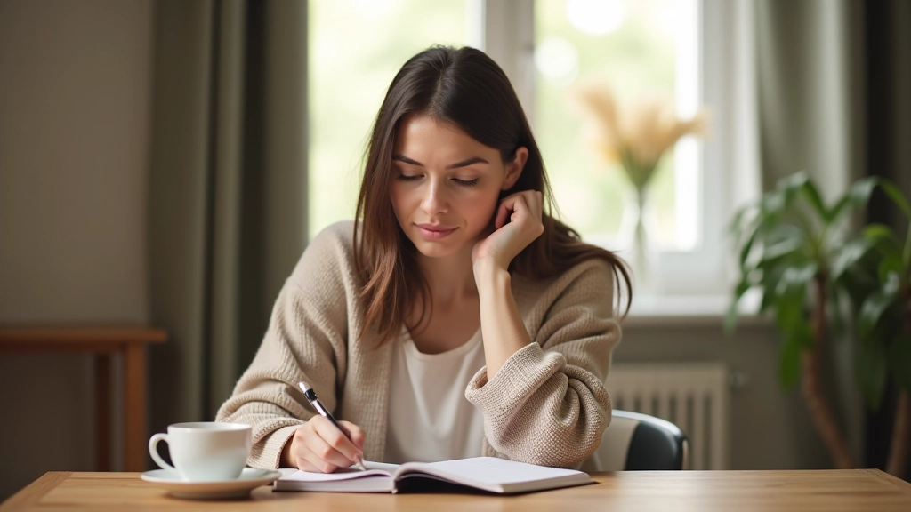 Donna seduta a un tavolo che scrive in un diario con una tazza di tè, luce naturale dal sole, ambiente calmo e sereno