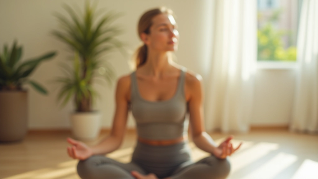 Donna che pratica la respirazione consapevole, seduta in posizione comoda in uno spazio tranquillo, occhi chiusi, mani sulle ginocchia, ambiente luminoso e sereno
